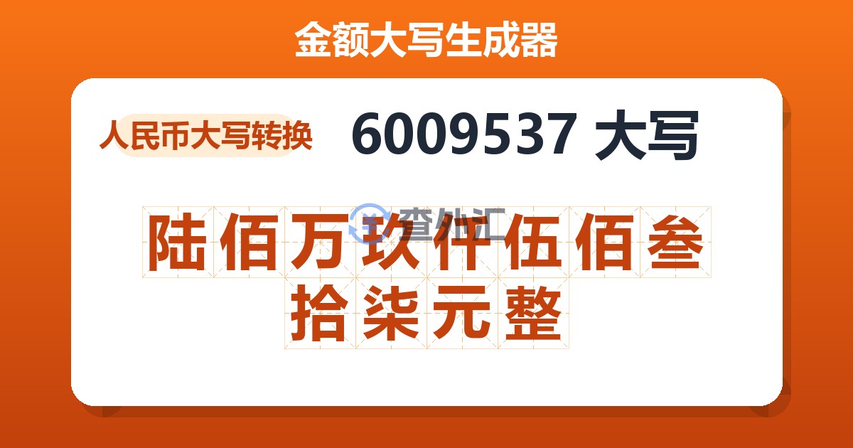 6009537大写 陆佰万玖仟伍佰叁拾柒元整