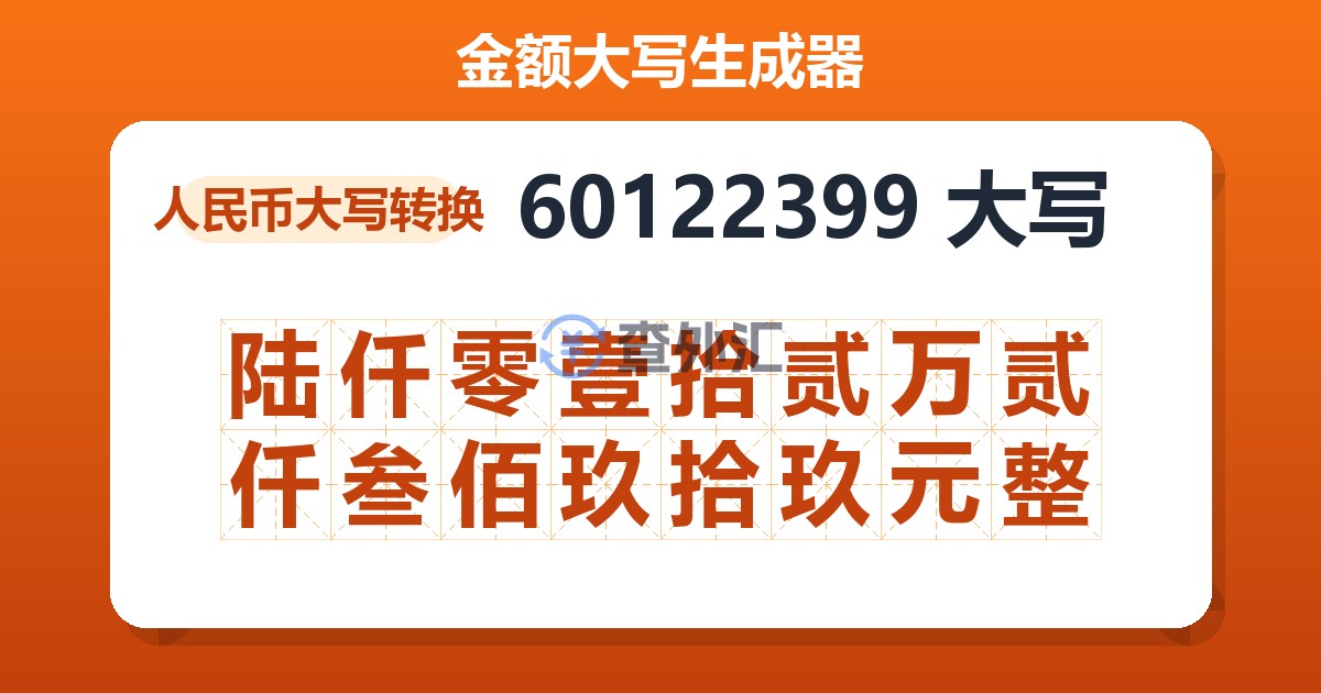 60122399大写 陆仟零壹拾贰万贰仟叁佰玖拾玖元整