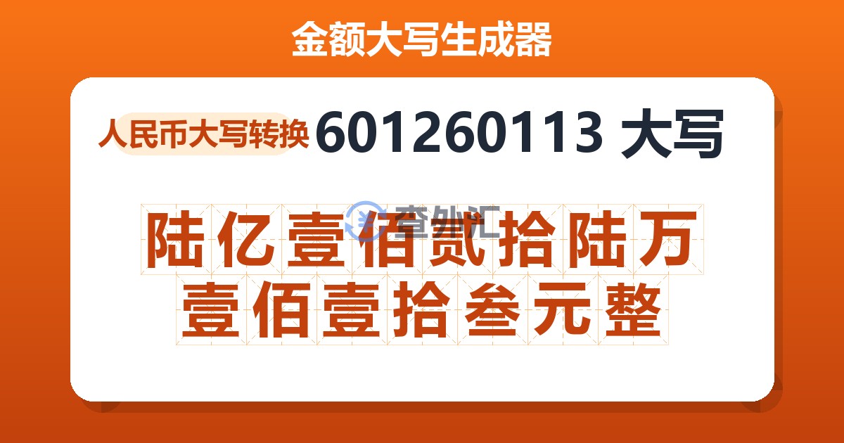 601260113大写 陆亿壹佰贰拾陆万壹佰壹拾叁元整