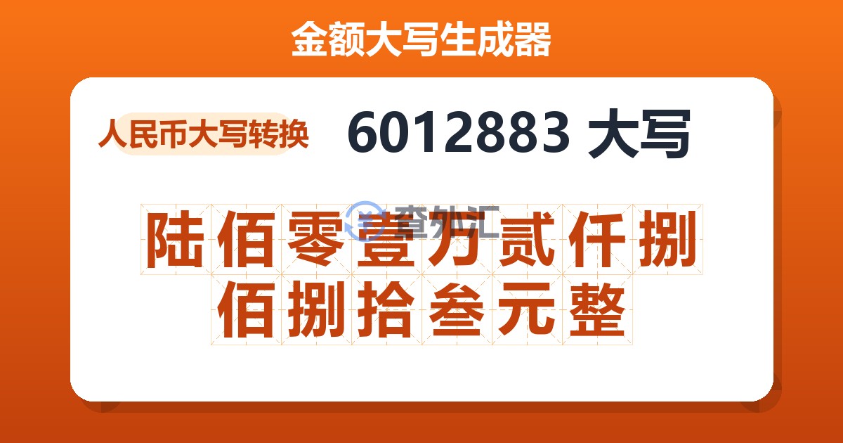 6012883大写 陆佰零壹万贰仟捌佰捌拾叁元整