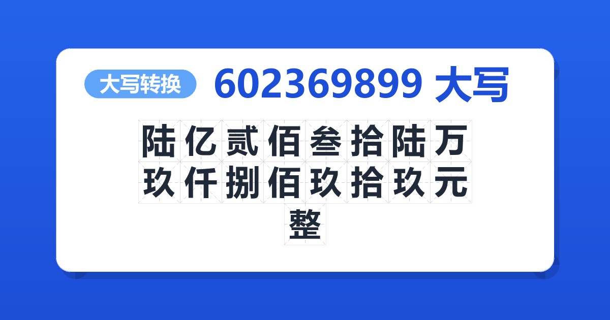602369899大写 陆亿贰佰叁拾陆万玖仟捌佰玖拾玖元整