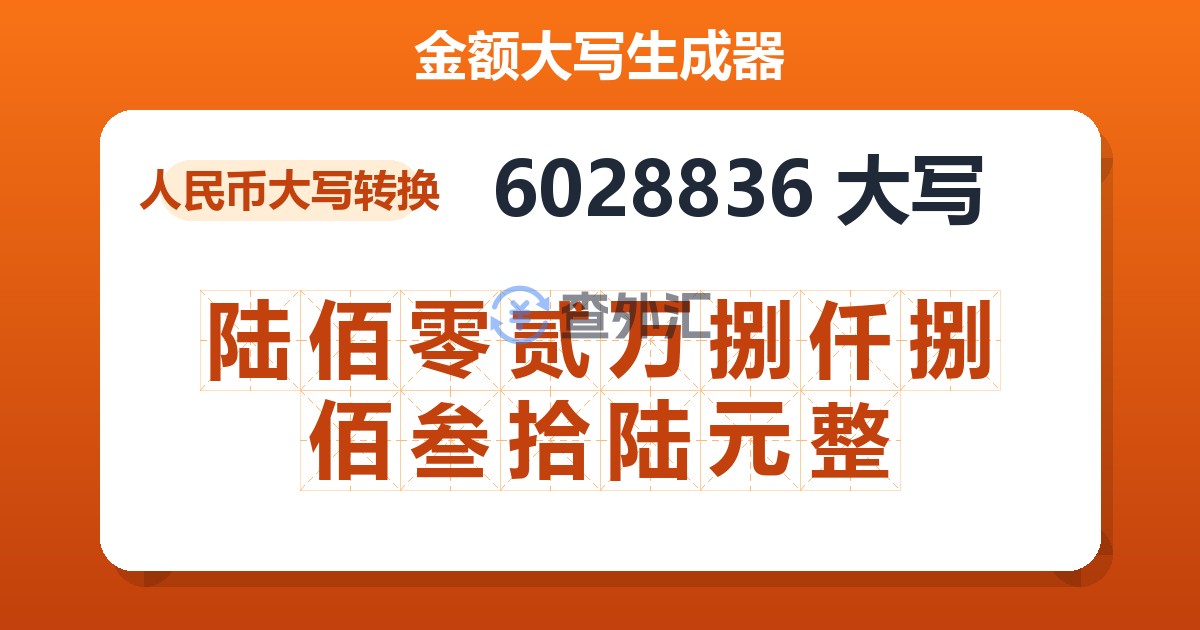 6028836大写 陆佰零贰万捌仟捌佰叁拾陆元整