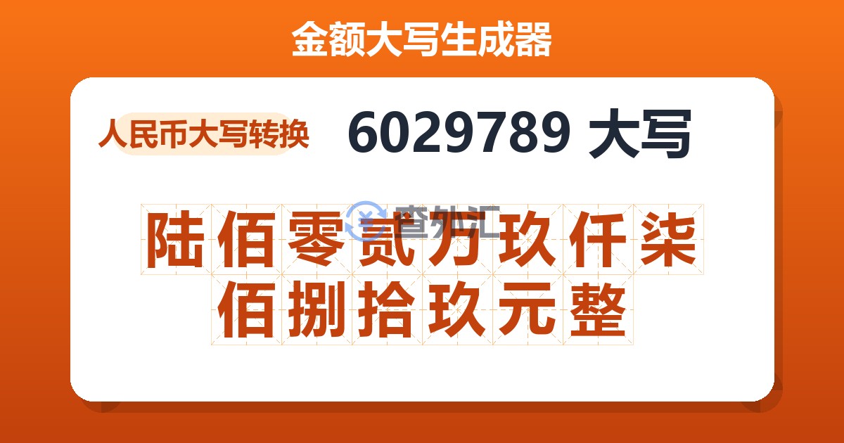 6029789大写 陆佰零贰万玖仟柒佰捌拾玖元整