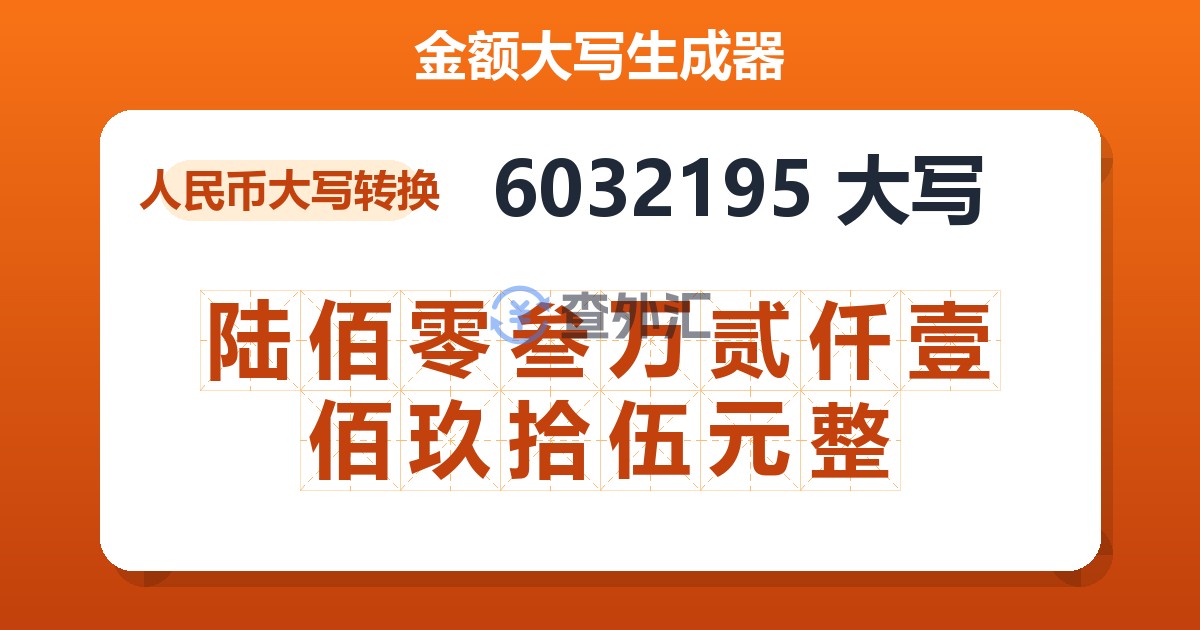 6032195大写 陆佰零叁万贰仟壹佰玖拾伍元整