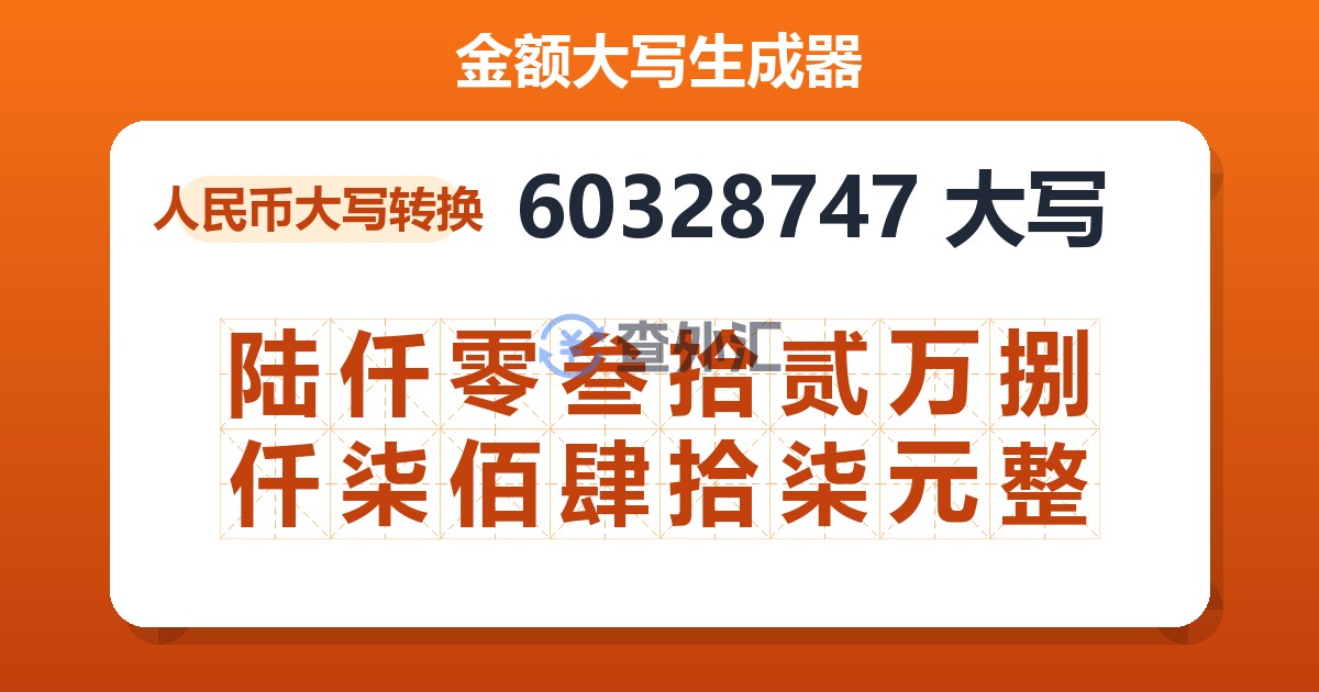 60328747大写 陆仟零叁拾贰万捌仟柒佰肆拾柒元整