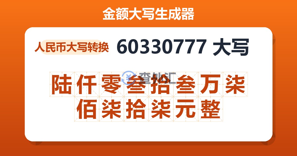 60330777大写 陆仟零叁拾叁万柒佰柒拾柒元整