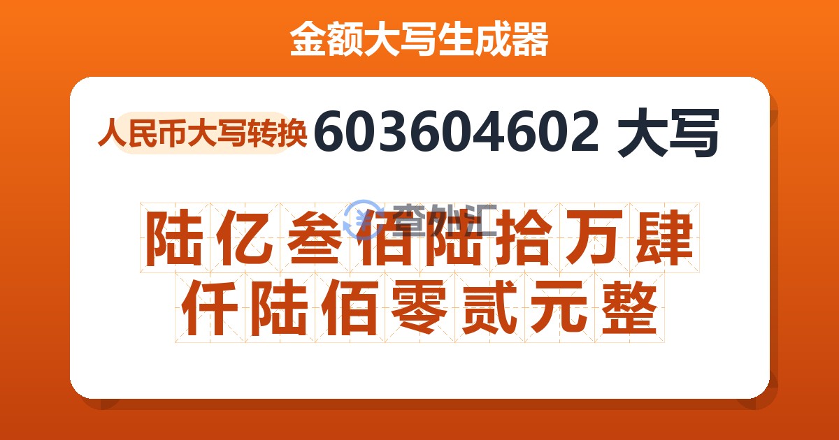 603604602大写 陆亿叁佰陆拾万肆仟陆佰零贰元整