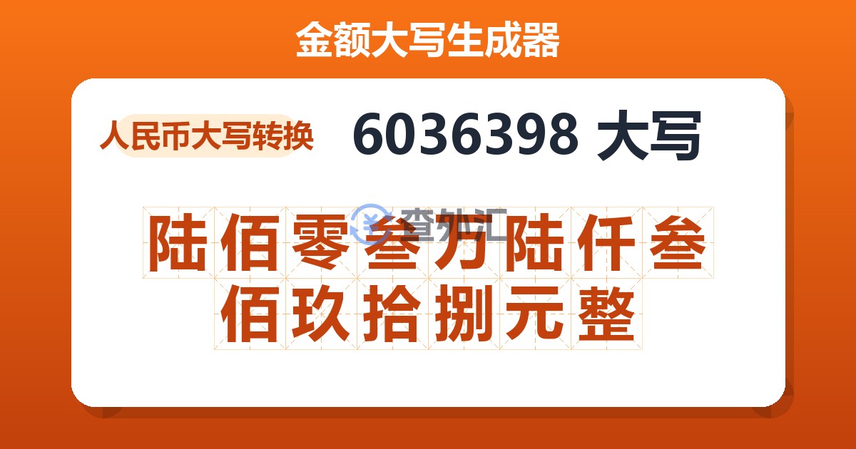 6036398大写 陆佰零叁万陆仟叁佰玖拾捌元整