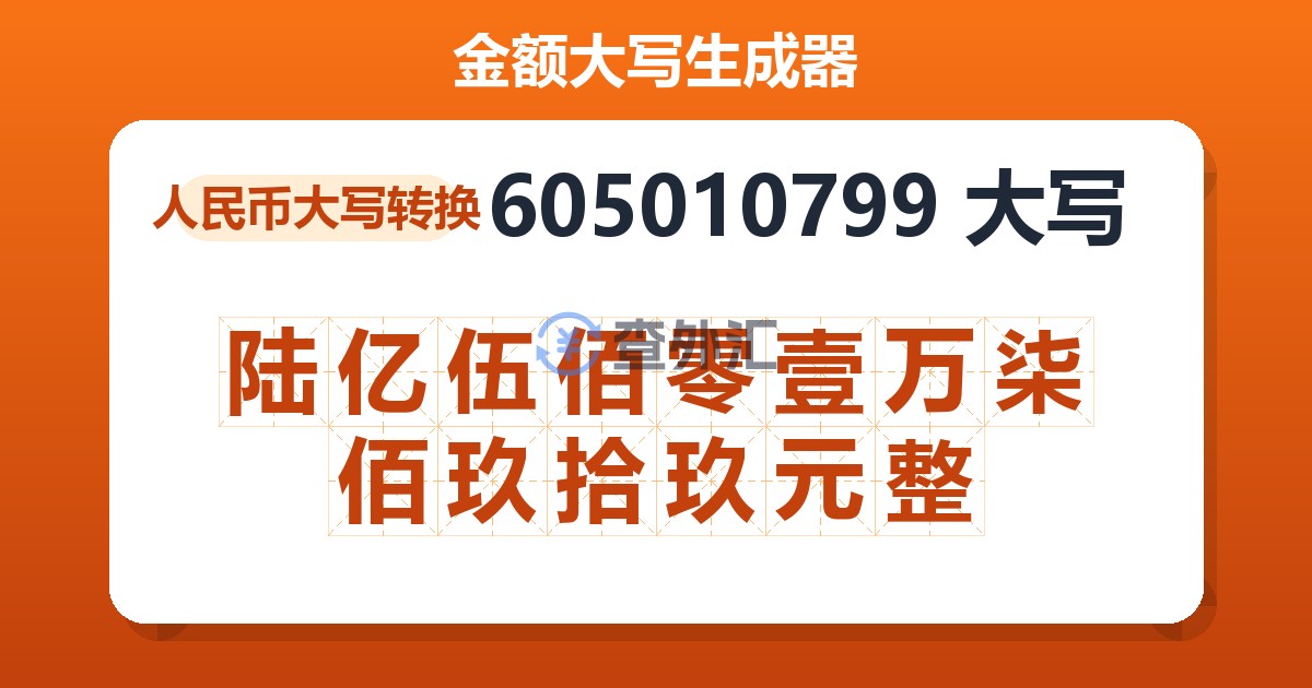 605010799大写 陆亿伍佰零壹万柒佰玖拾玖元整