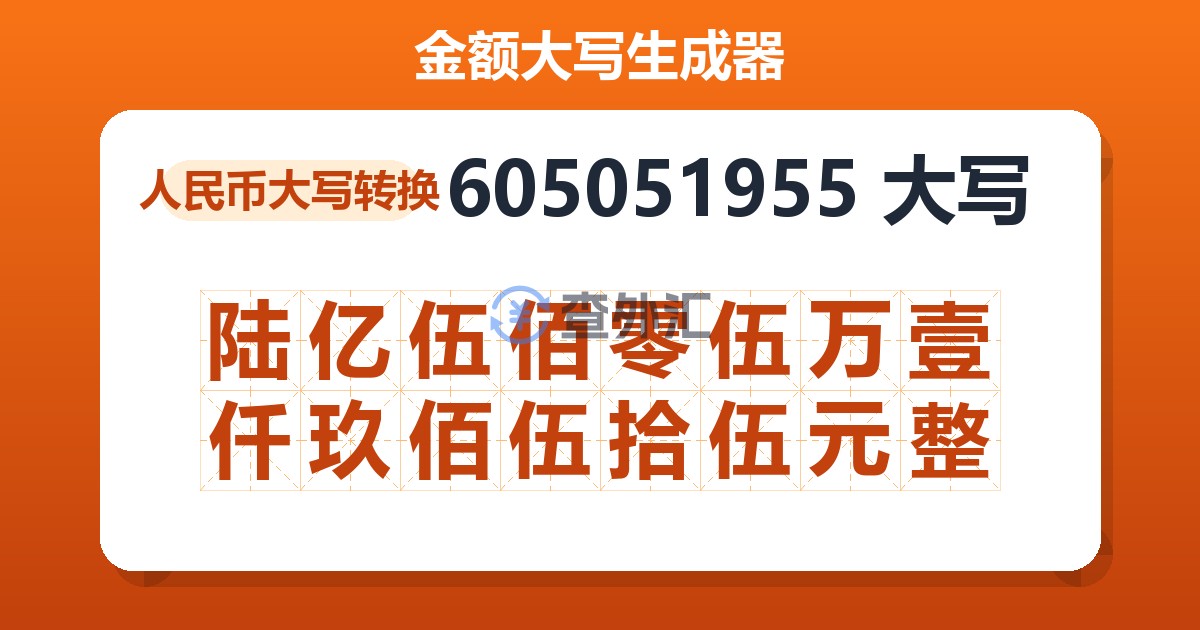 605051955大写 陆亿伍佰零伍万壹仟玖佰伍拾伍元整