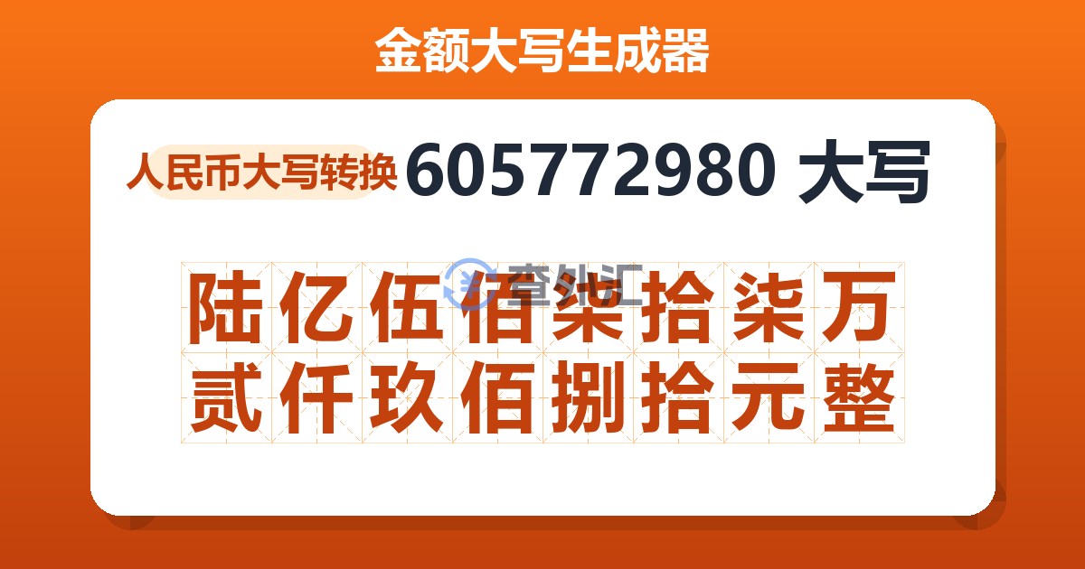 605772980大写 陆亿伍佰柒拾柒万贰仟玖佰捌拾元整