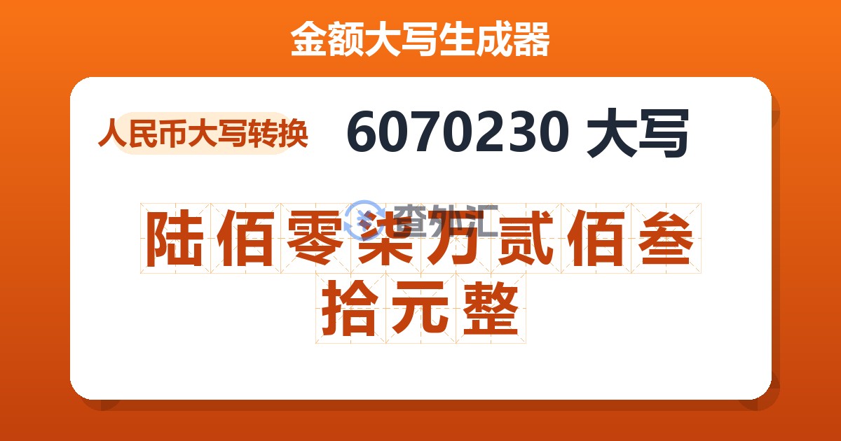 6070230大写 陆佰零柒万贰佰叁拾元整