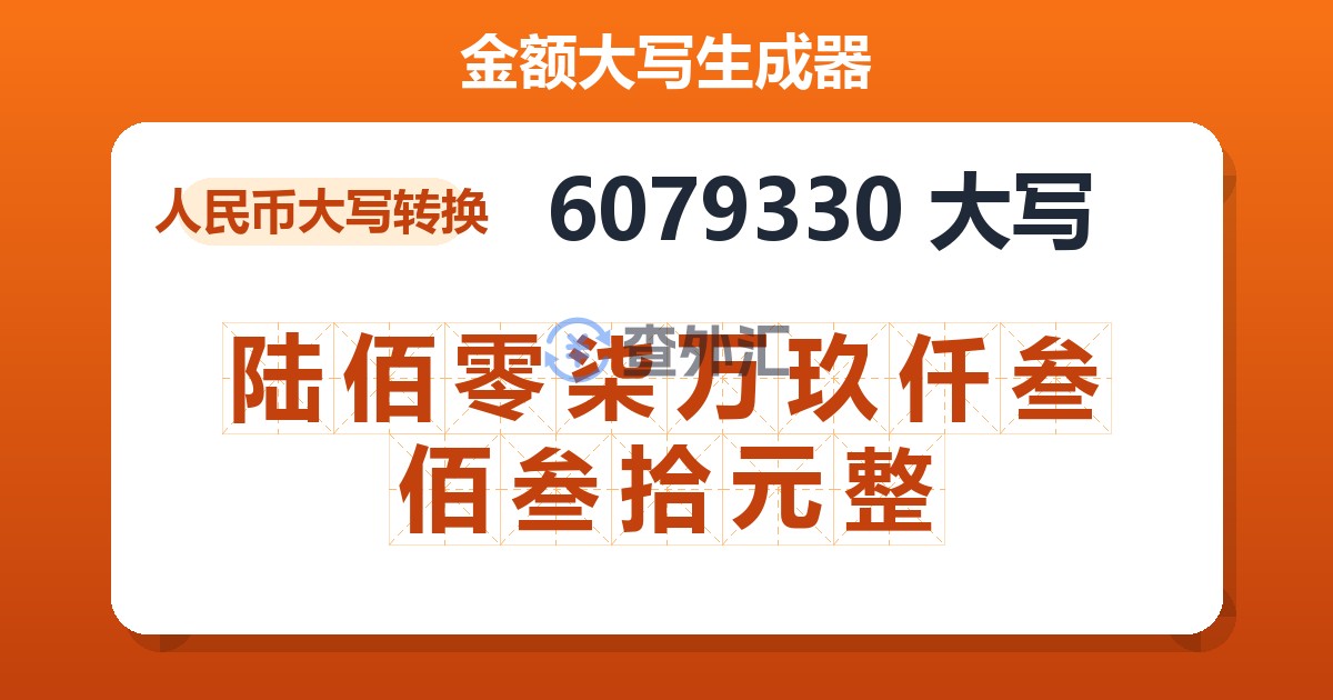 6079330大写 陆佰零柒万玖仟叁佰叁拾元整