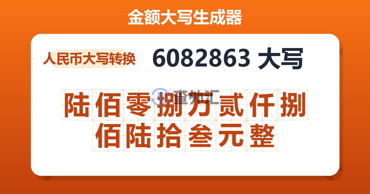 6082863大写 陆佰零捌万贰仟捌佰陆拾叁元整