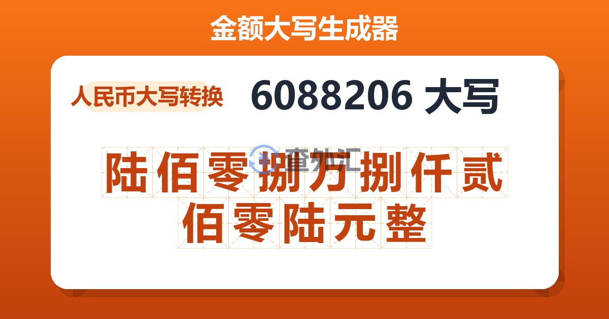 6088206大写 陆佰零捌万捌仟贰佰零陆元整