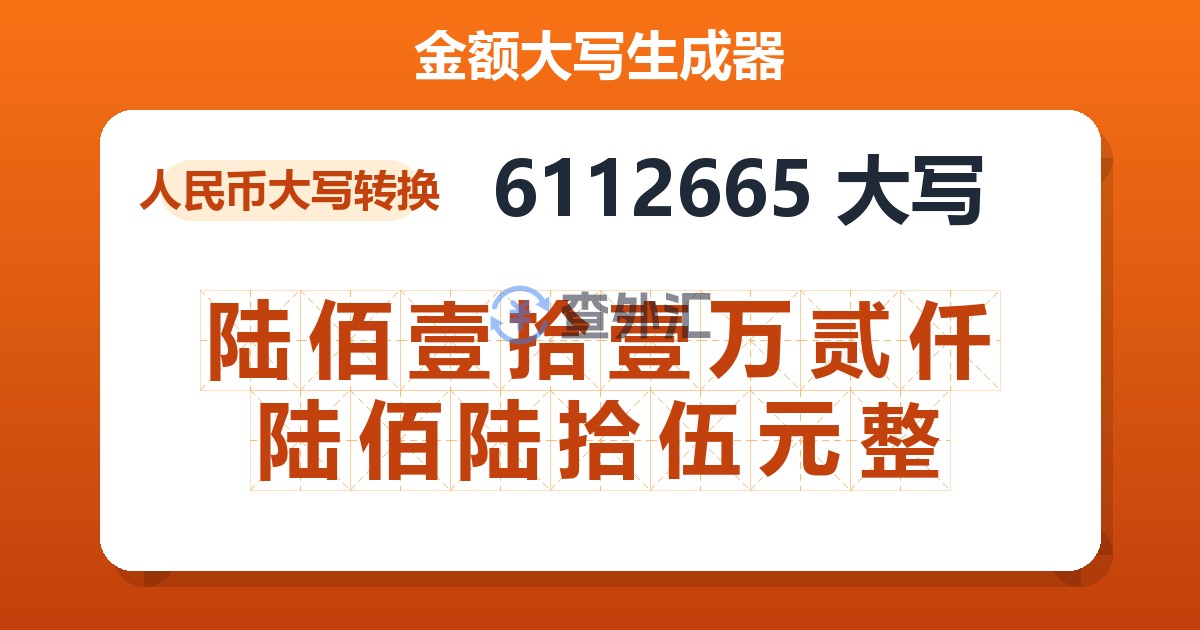 6112665大写 陆佰壹拾壹万贰仟陆佰陆拾伍元整