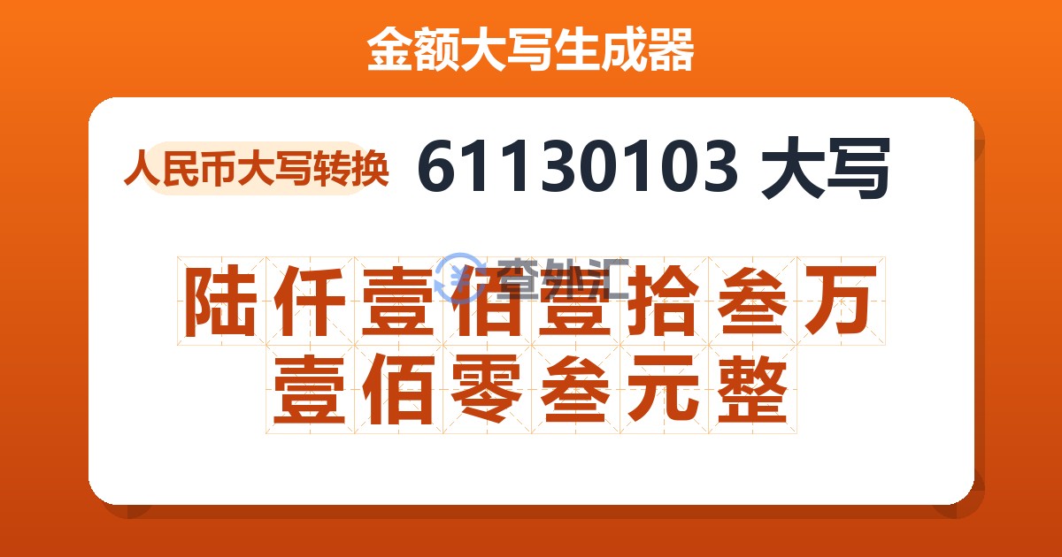 61130103大写 陆仟壹佰壹拾叁万壹佰零叁元整