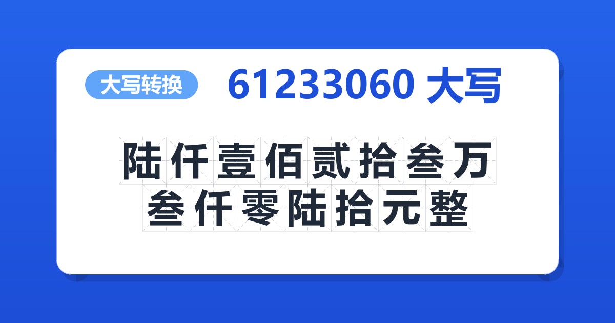 61233060大写 陆仟壹佰贰拾叁万叁仟零陆拾元整