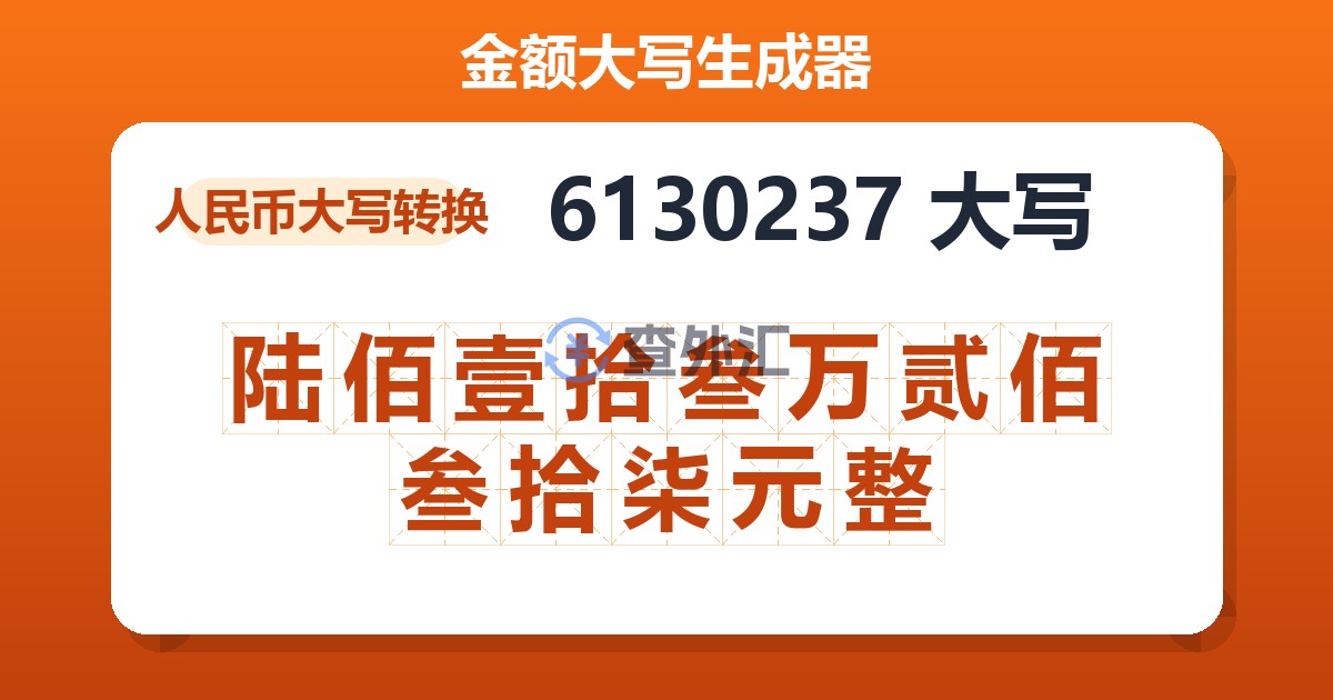 6130237大写 陆佰壹拾叁万贰佰叁拾柒元整