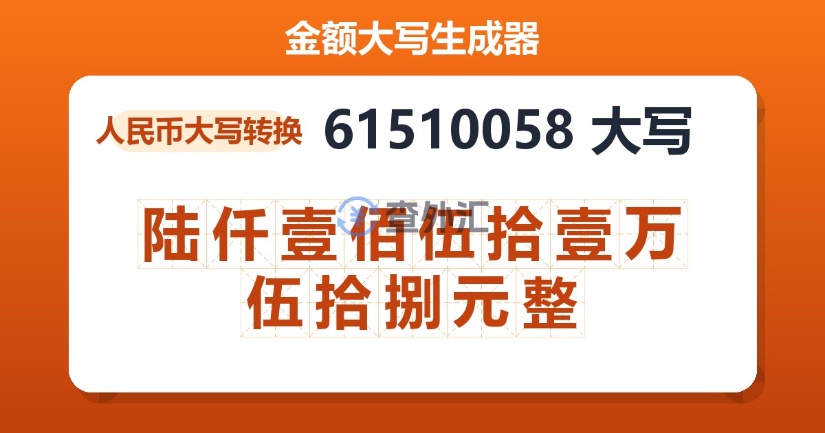 61510058大写 陆仟壹佰伍拾壹万伍拾捌元整