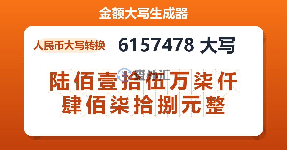 6157478大写 陆佰壹拾伍万柒仟肆佰柒拾捌元整