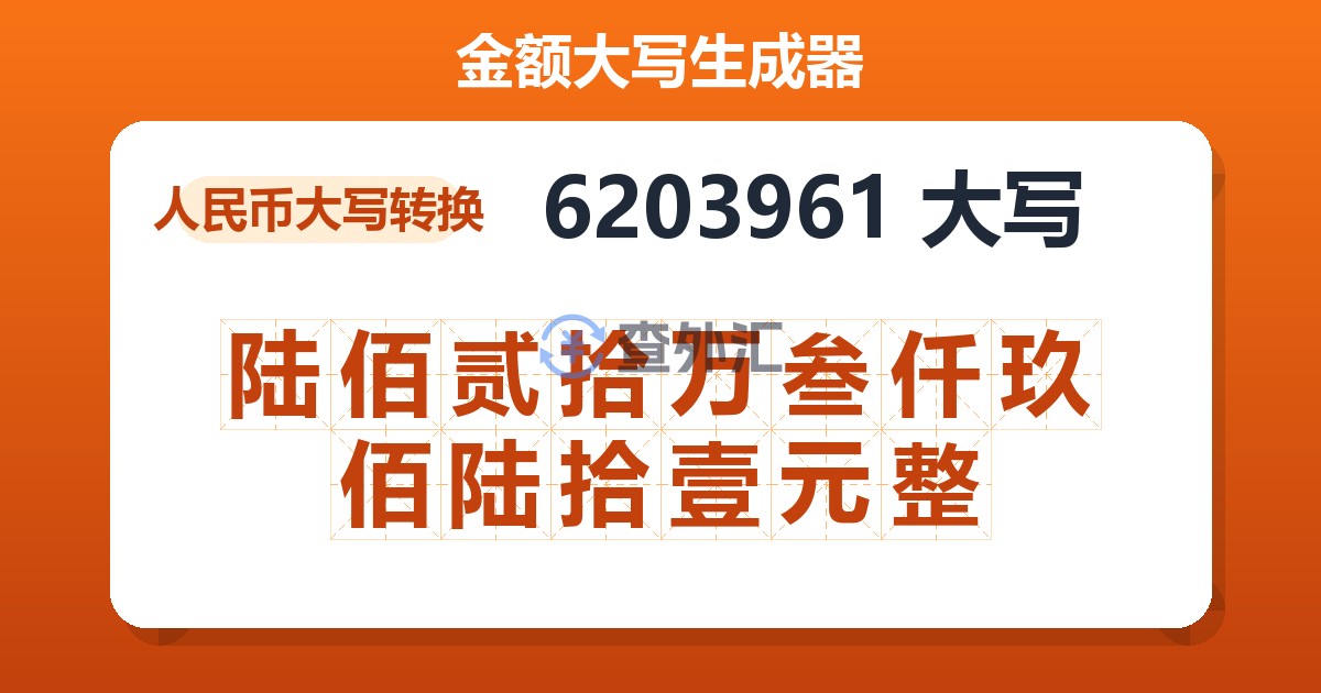 6203961大写 陆佰贰拾万叁仟玖佰陆拾壹元整