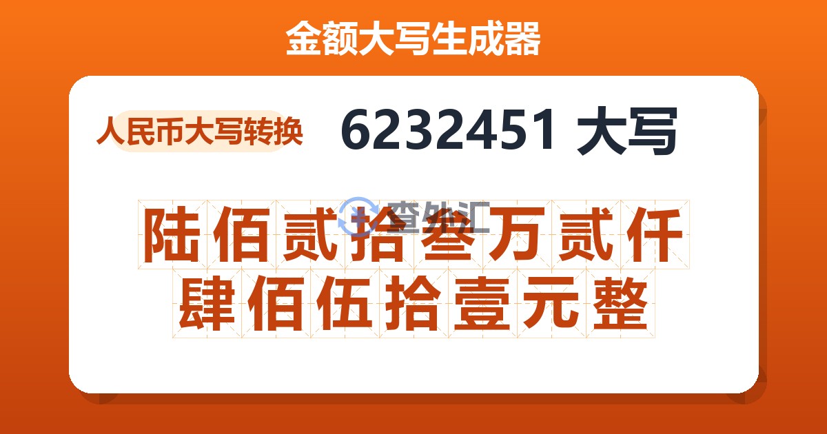 6232451大写 陆佰贰拾叁万贰仟肆佰伍拾壹元整