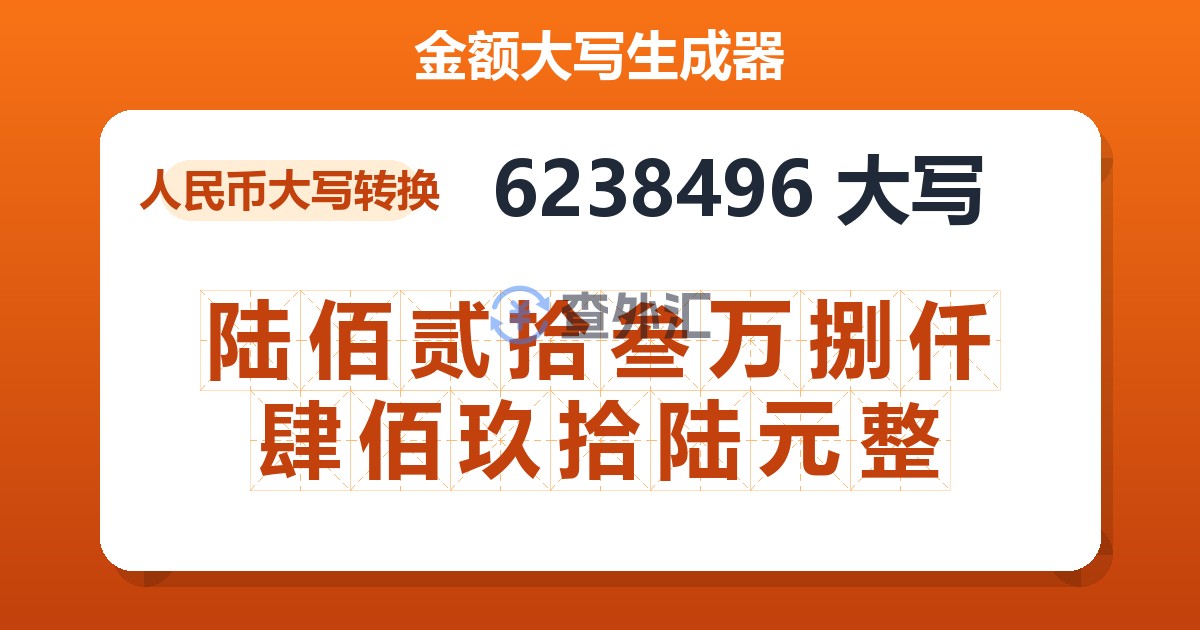 6238496大写 陆佰贰拾叁万捌仟肆佰玖拾陆元整