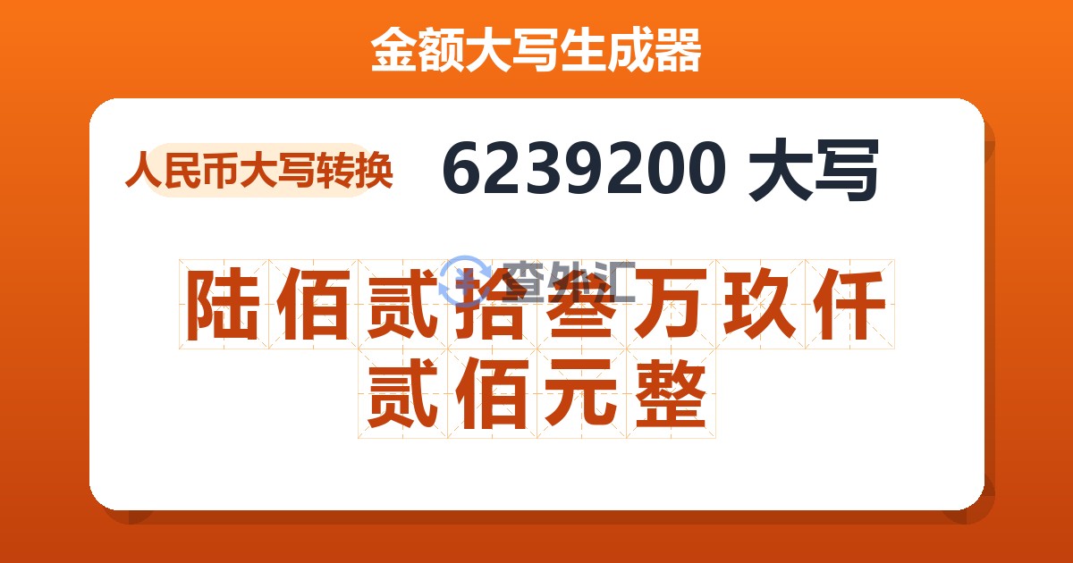 6239200大写 陆佰贰拾叁万玖仟贰佰元整