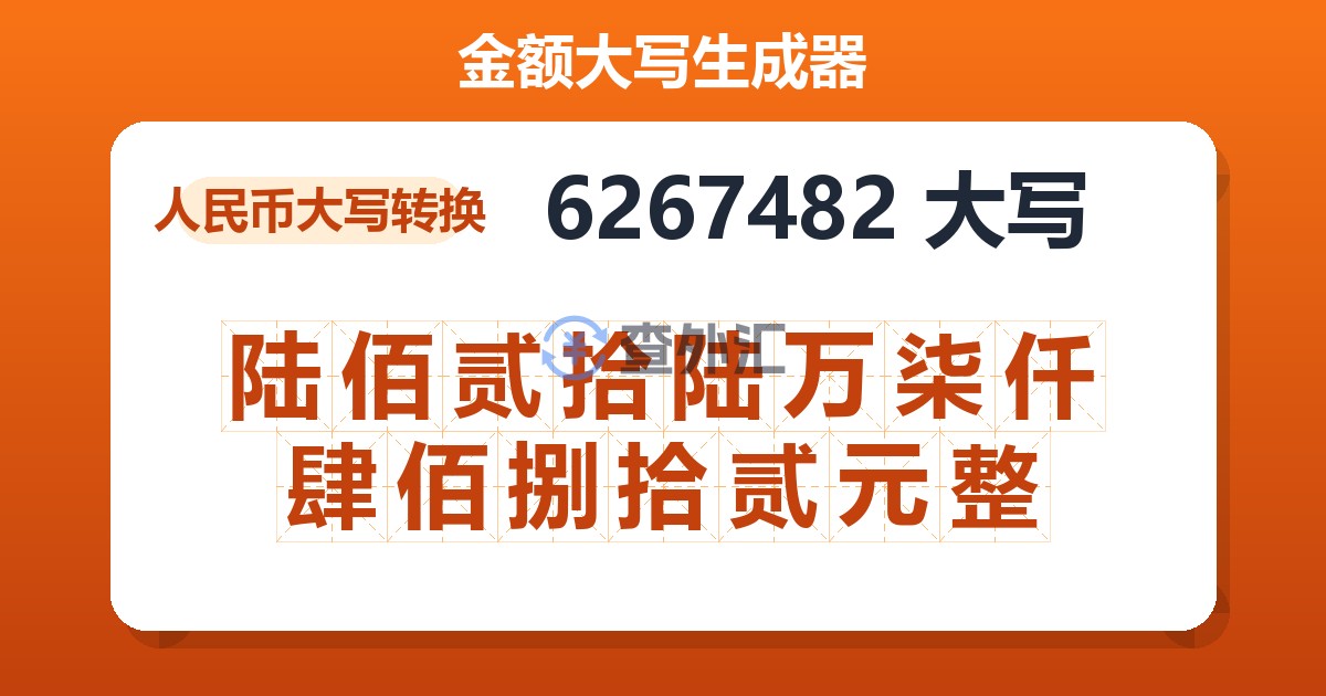 6267482大写 陆佰贰拾陆万柒仟肆佰捌拾贰元整
