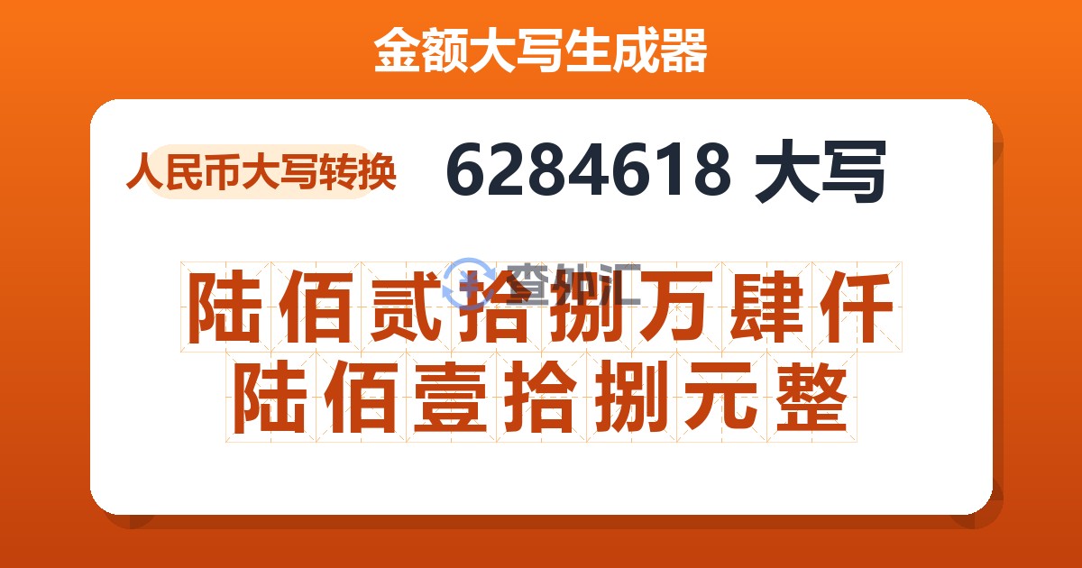 6284618大写 陆佰贰拾捌万肆仟陆佰壹拾捌元整