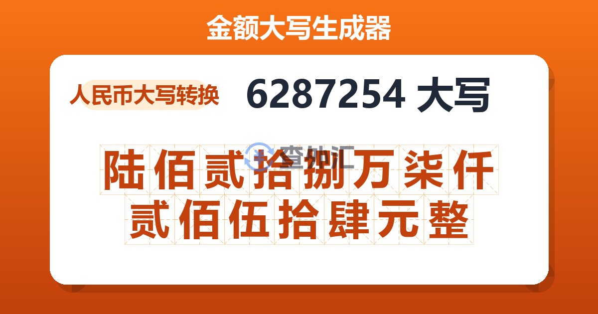 6287254大写 陆佰贰拾捌万柒仟贰佰伍拾肆元整