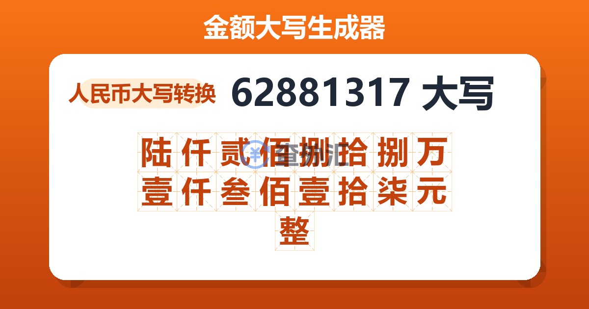 62881317大写 陆仟贰佰捌拾捌万壹仟叁佰壹拾柒元整