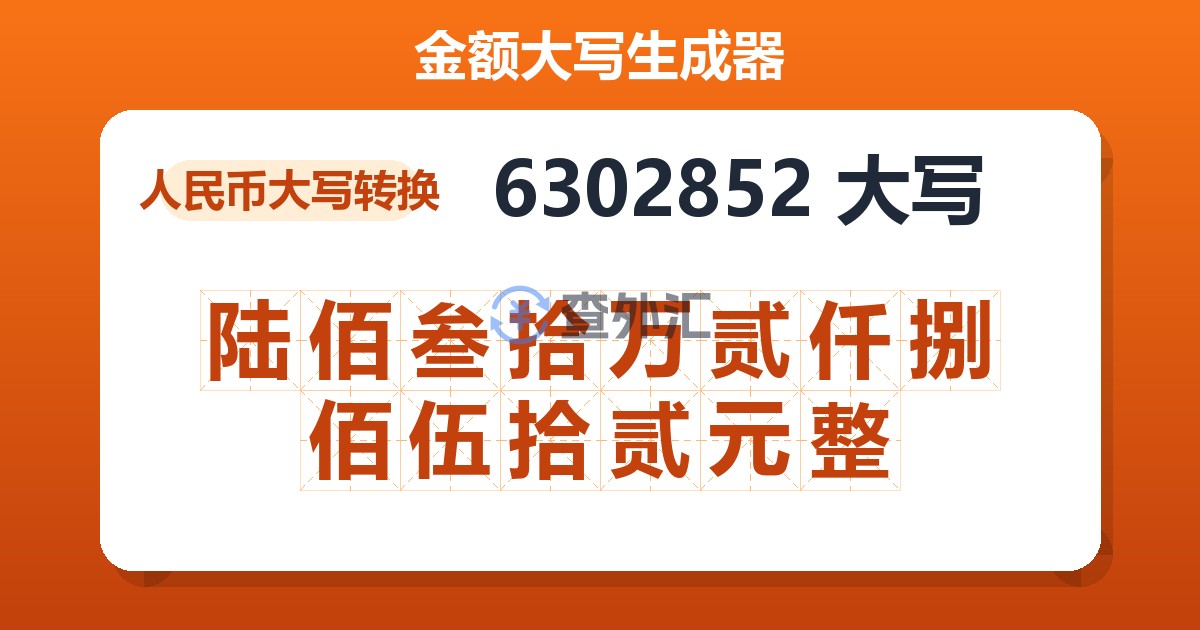 6302852大写 陆佰叁拾万贰仟捌佰伍拾贰元整
