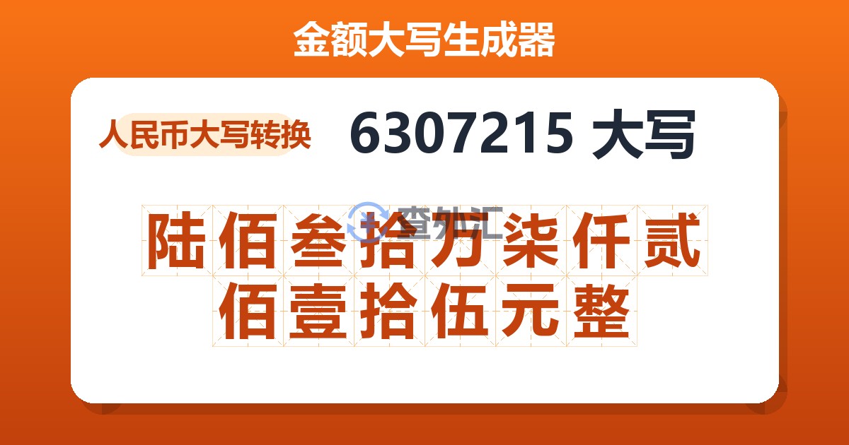 6307215大写 陆佰叁拾万柒仟贰佰壹拾伍元整