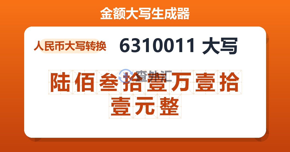 6310011大写 陆佰叁拾壹万壹拾壹元整