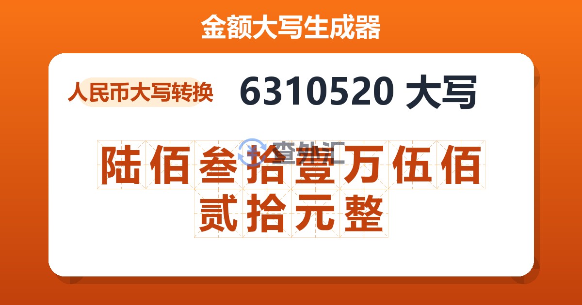 6310520大写 陆佰叁拾壹万伍佰贰拾元整