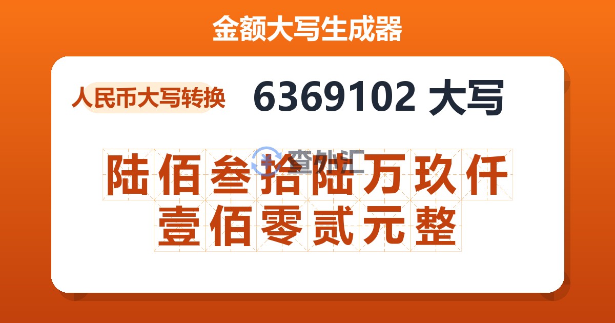 6369102大写 陆佰叁拾陆万玖仟壹佰零贰元整