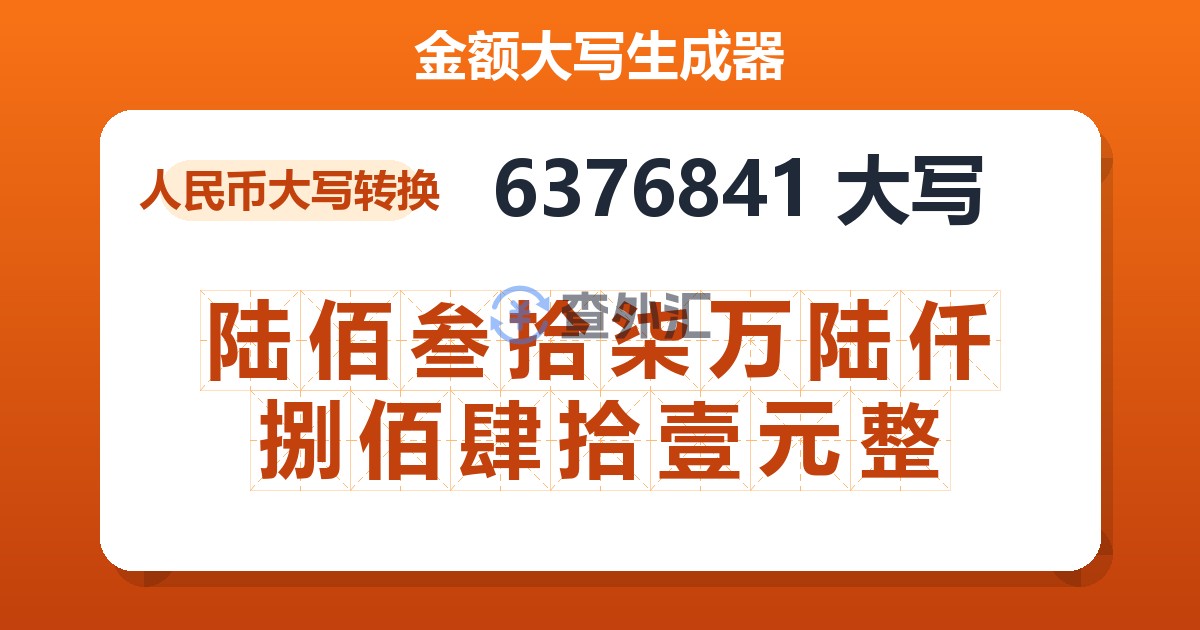 6376841大写 陆佰叁拾柒万陆仟捌佰肆拾壹元整