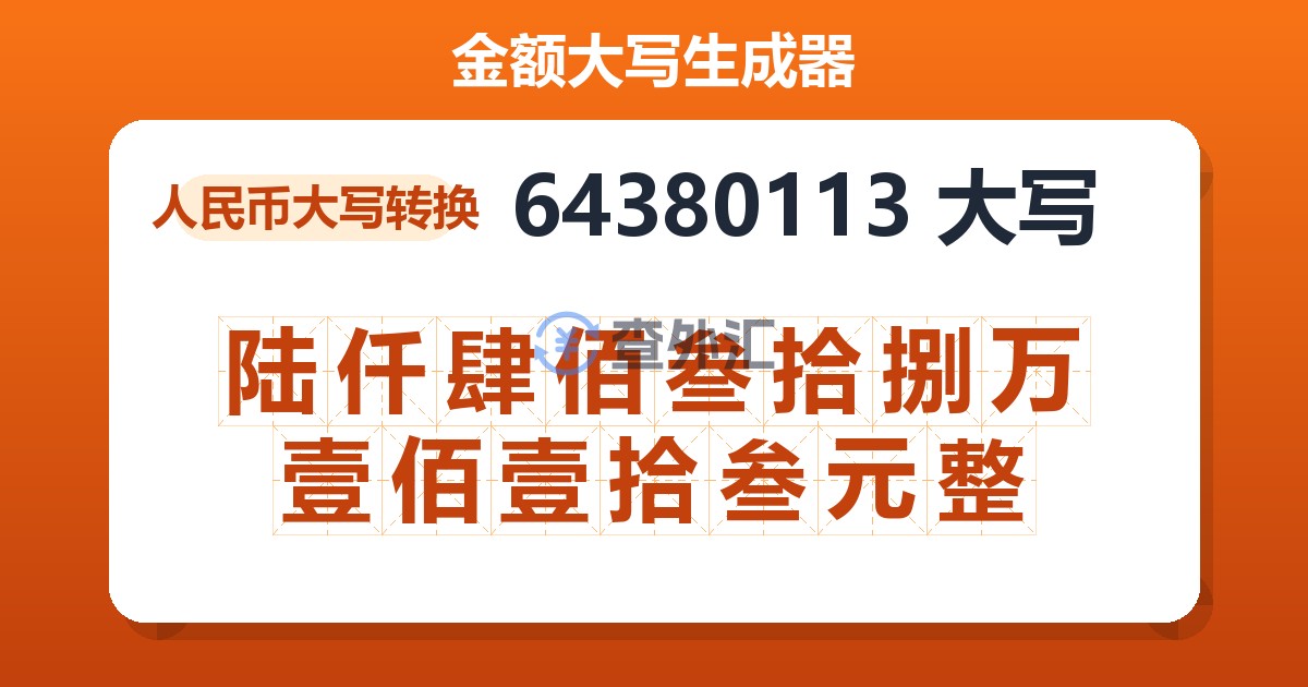 64380113大写 陆仟肆佰叁拾捌万壹佰壹拾叁元整