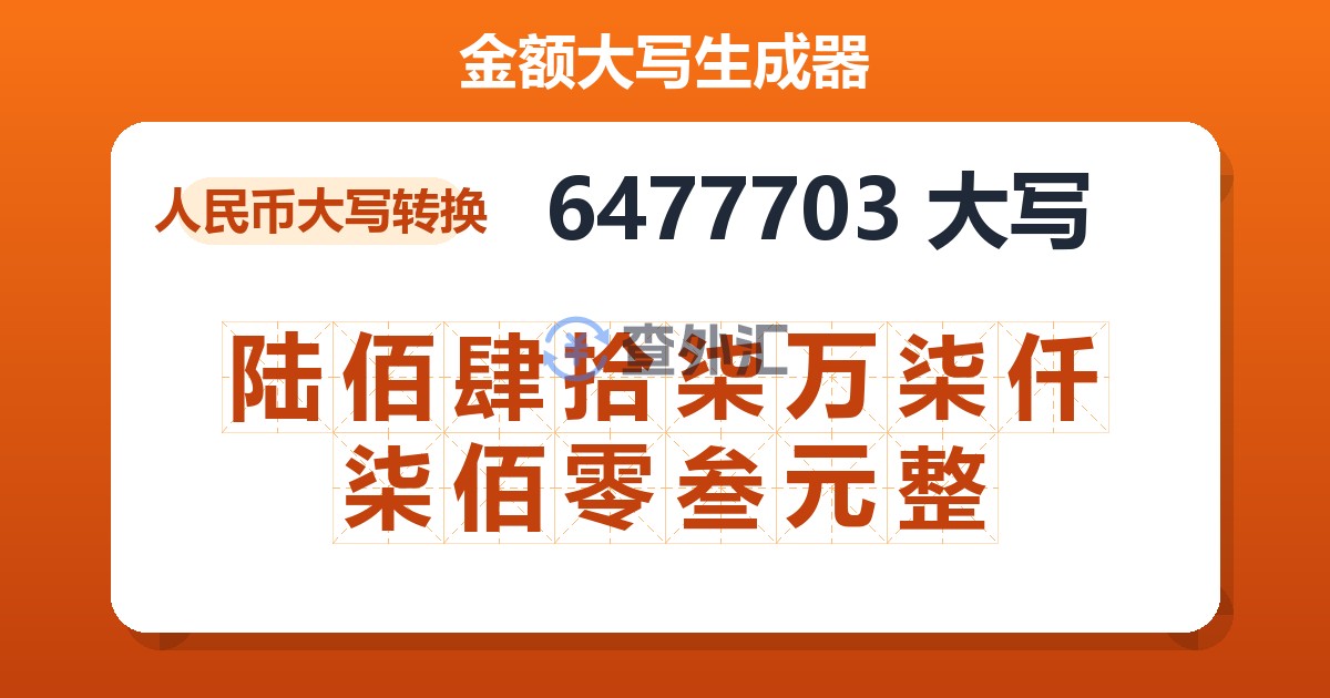 6477703大写 陆佰肆拾柒万柒仟柒佰零叁元整