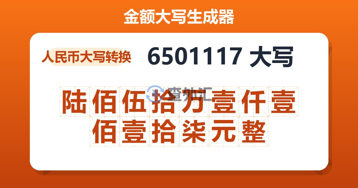 6501117大写 陆佰伍拾万壹仟壹佰壹拾柒元整