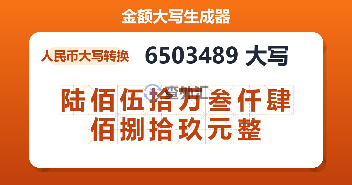 6503489大写 陆佰伍拾万叁仟肆佰捌拾玖元整