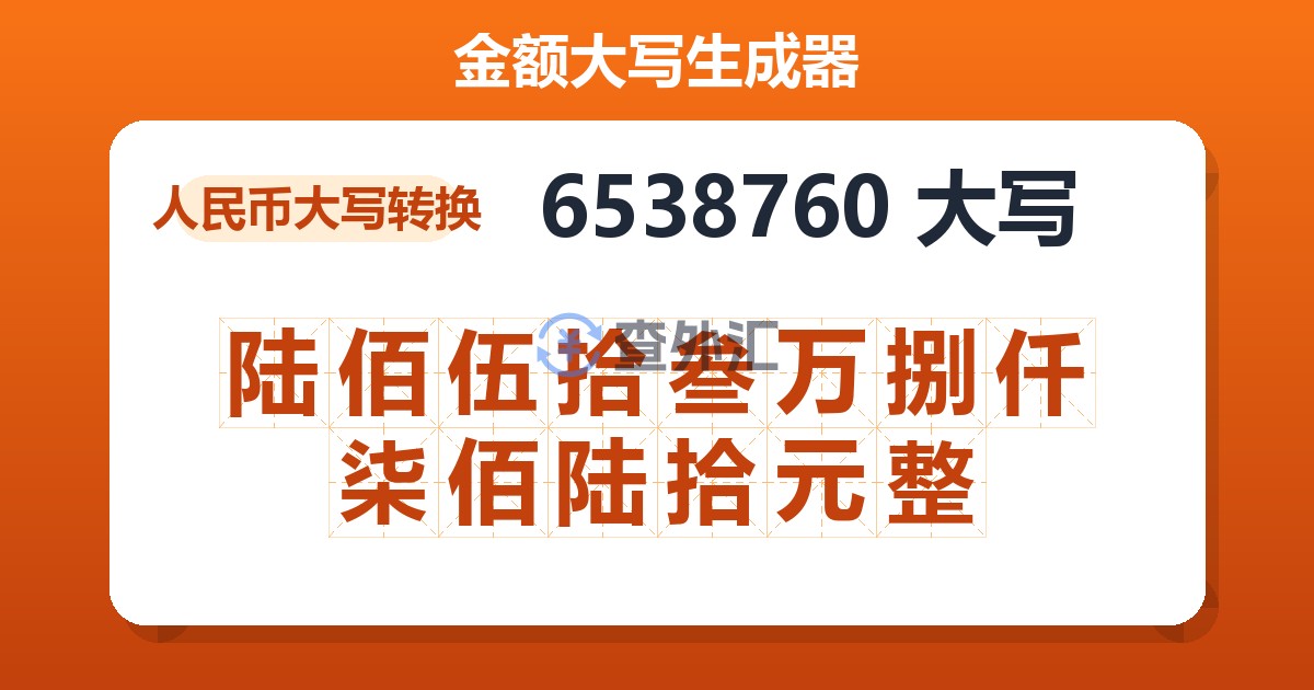 6538760大写 陆佰伍拾叁万捌仟柒佰陆拾元整