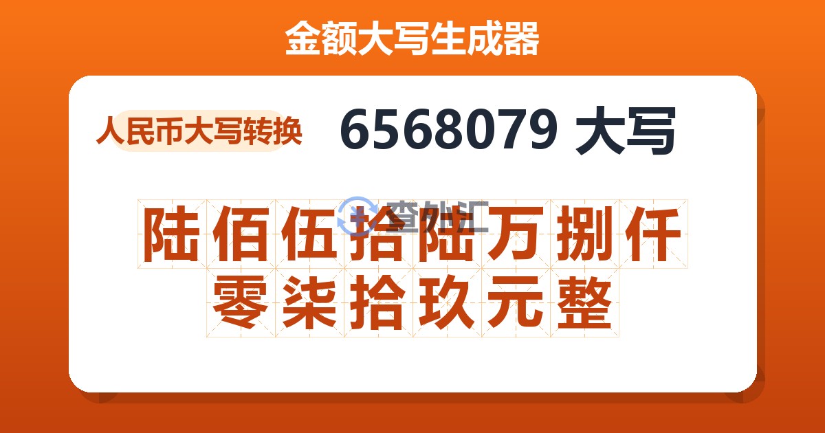 6568079大写 陆佰伍拾陆万捌仟零柒拾玖元整