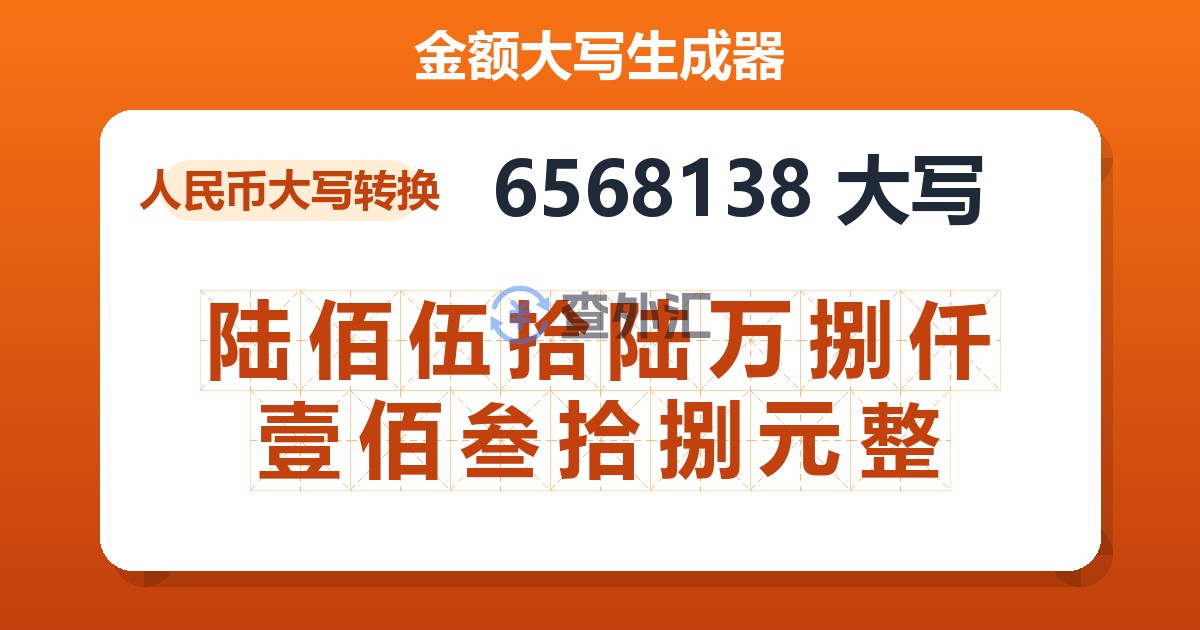 6568138大写 陆佰伍拾陆万捌仟壹佰叁拾捌元整