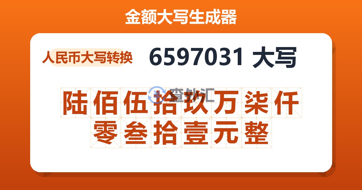 6597031大写 陆佰伍拾玖万柒仟零叁拾壹元整