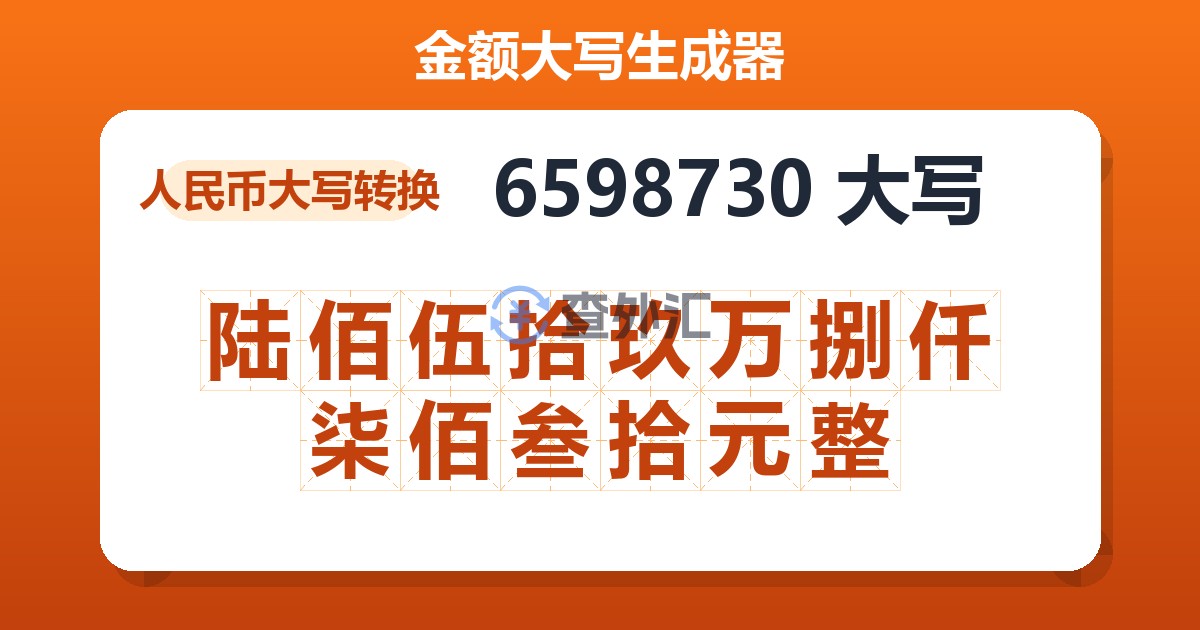 6598730大写 陆佰伍拾玖万捌仟柒佰叁拾元整