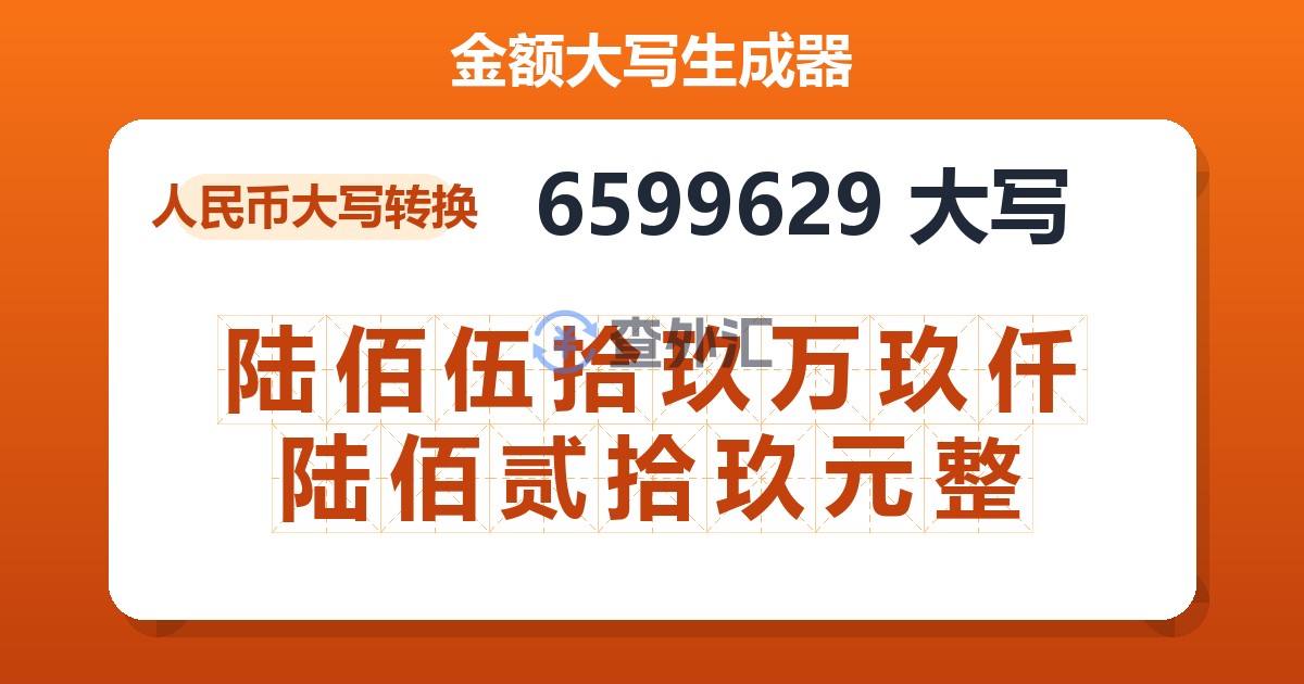 6599629大写 陆佰伍拾玖万玖仟陆佰贰拾玖元整