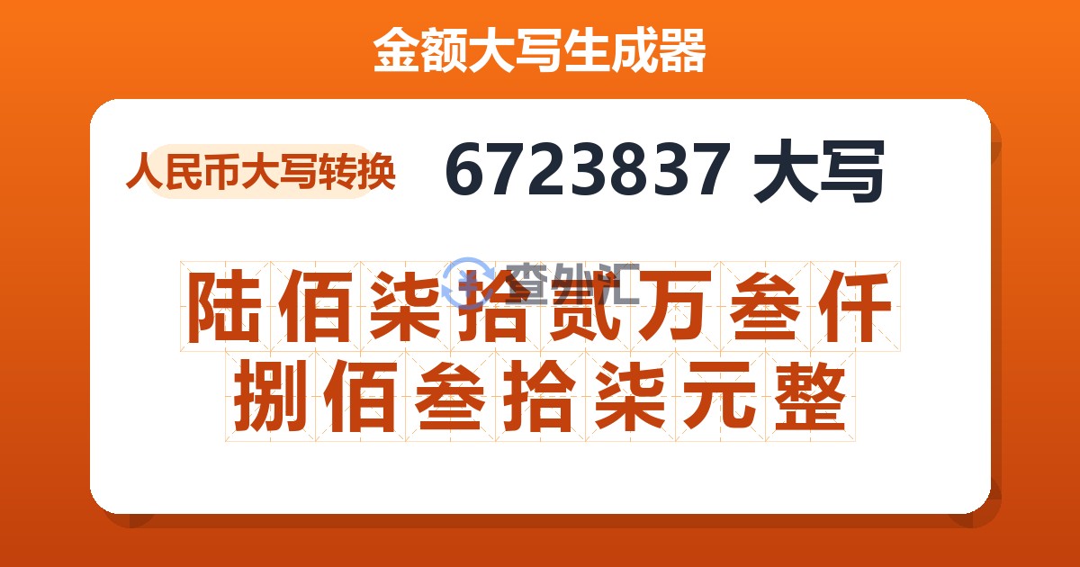 6723837大写 陆佰柒拾贰万叁仟捌佰叁拾柒元整